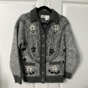 Vintage Huntington Ridge Cardigan Womens S Gray Floral Wool Blend Nordic Neutral